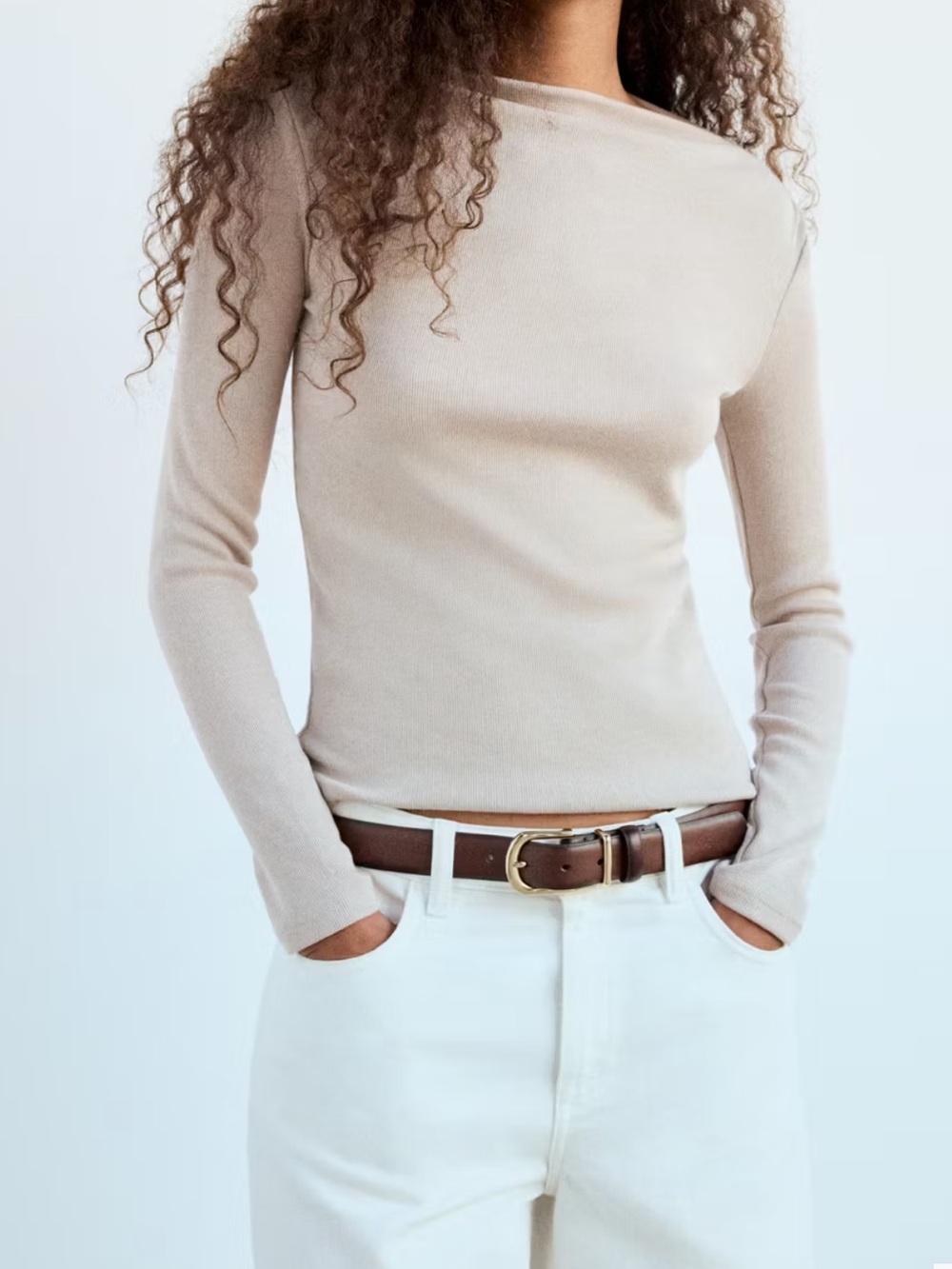 Mango Beige Long-Sleeve Boatneck Top